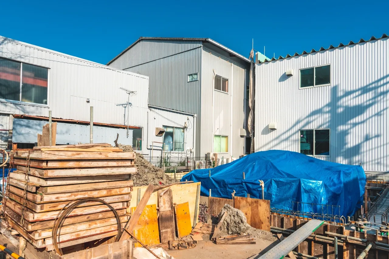 Commercial construction site with industrial buildings